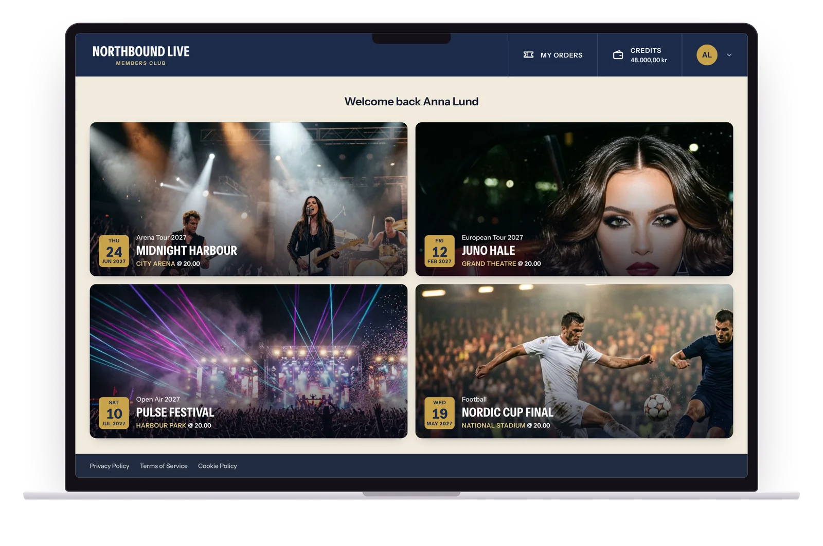 A branded members club portal on a laptop, listing upcoming concerts, a festival and a football match, each with a date and venue