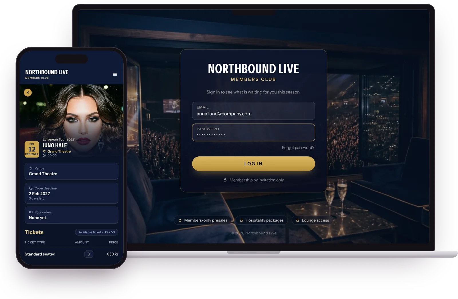 A branded members club login on a laptop, and an event page with tickets on a phone, both in the client's own colours