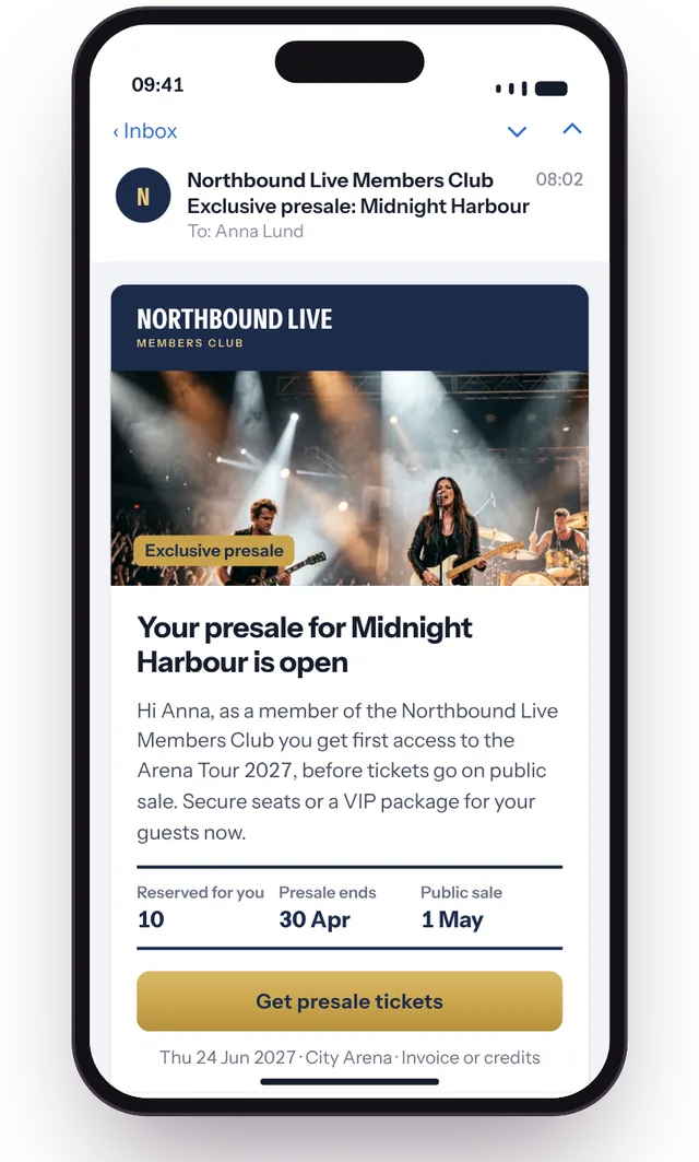 A branded email on a phone, inviting a member to an exclusive presale for a rock band's arena tour